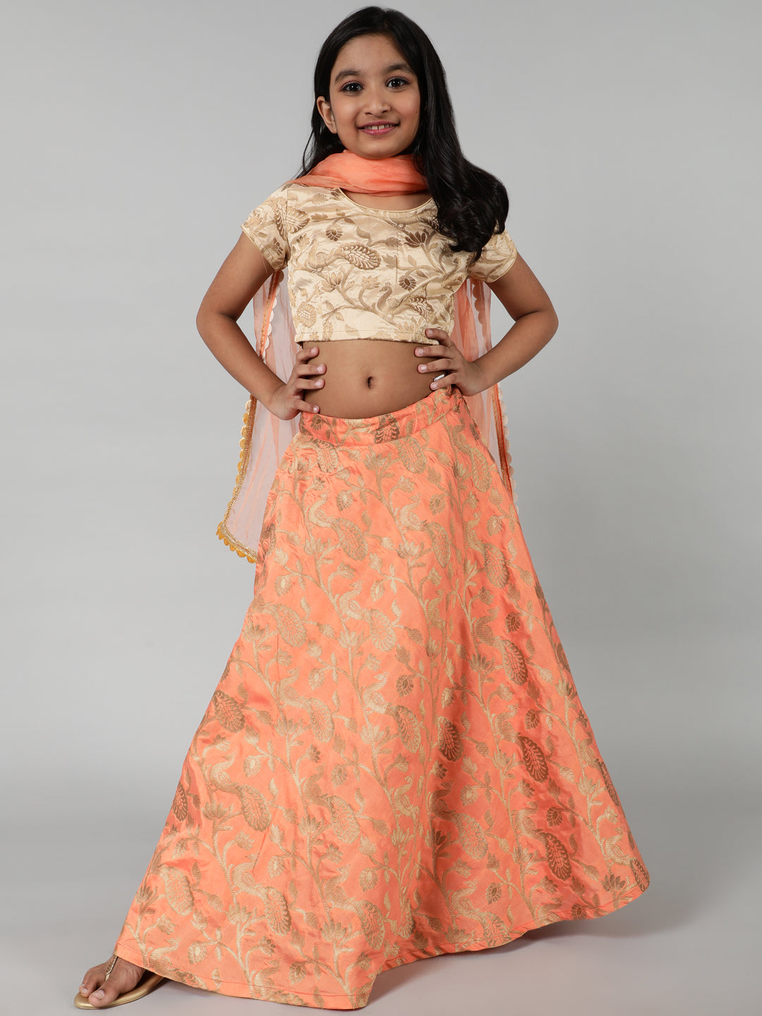 Silk Woven Design Lehenga & Blouse Set For Girls With Dupatta - Aks Girls