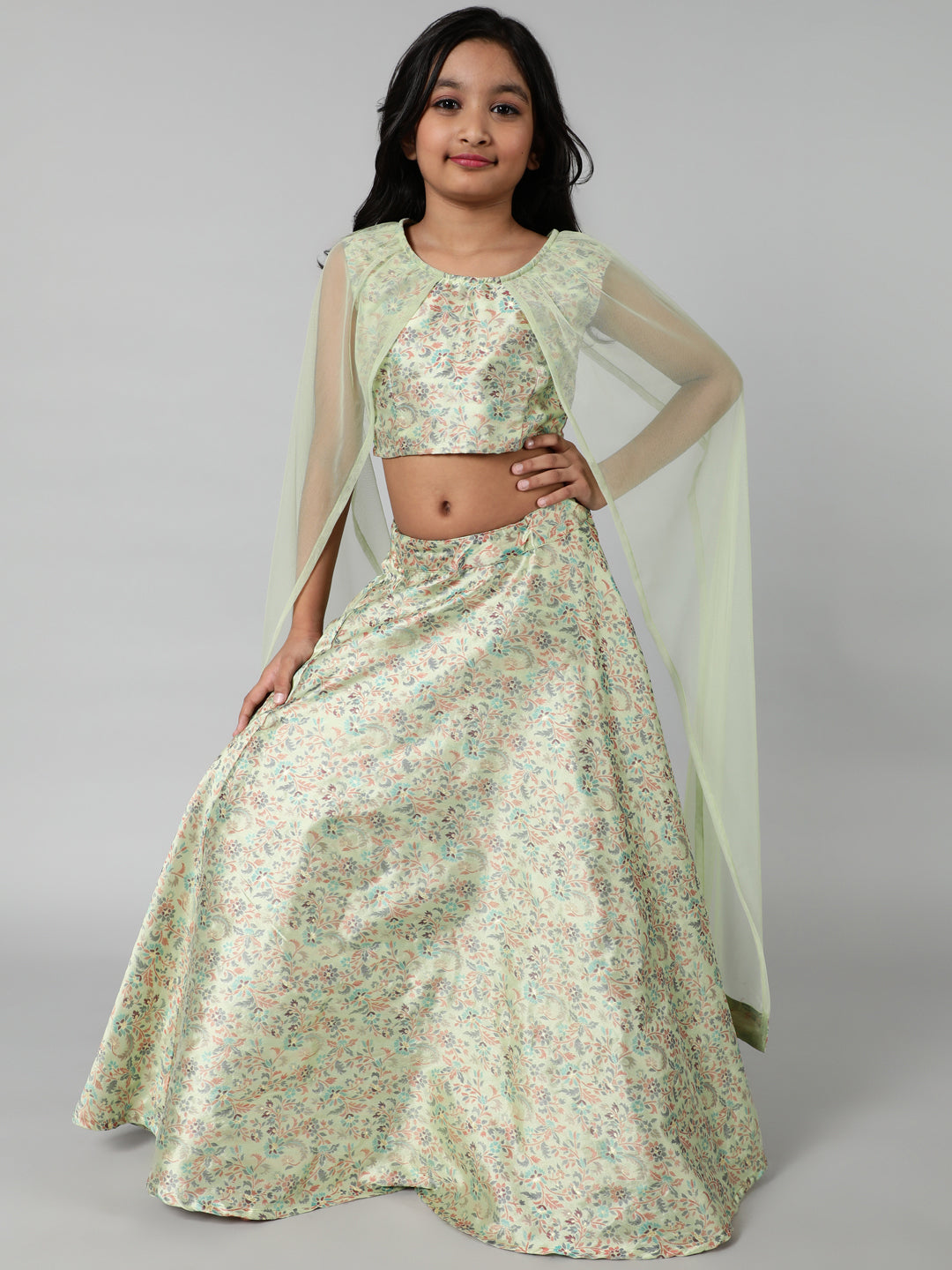 Cotton Blend Woven Design Lehenga & Blouse Set For Girls - Aks Girls