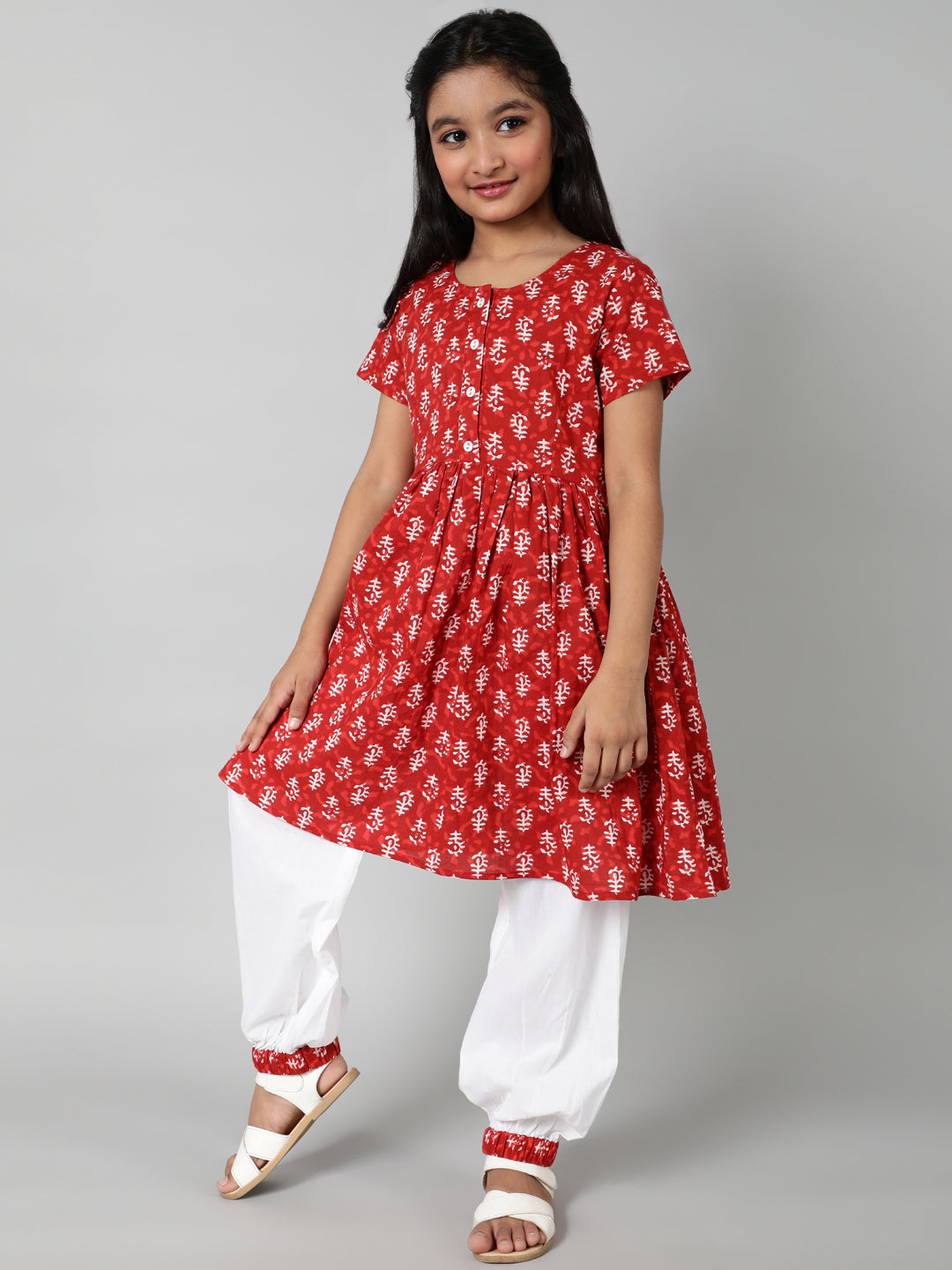 Cotton Ethnic Motifs Printed Straight Kurta & Palazzo Set For Girls - Aks Girls