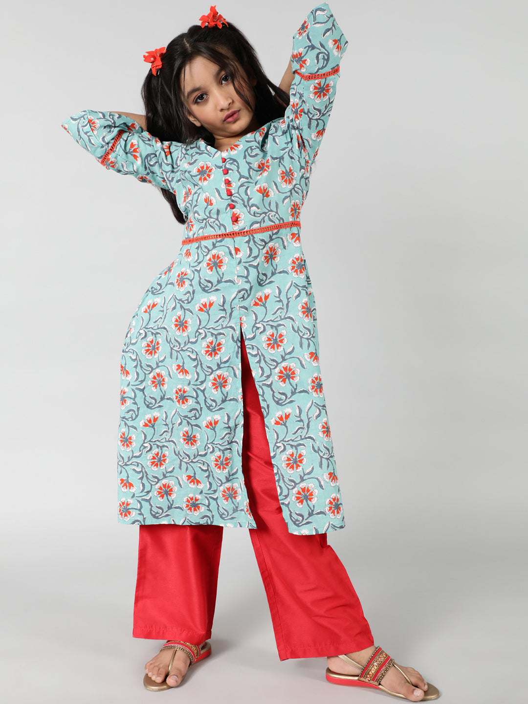 Cotton Blend Floral Printed A-Line Kurta & Palazzo Set For Girls - Aks Girls