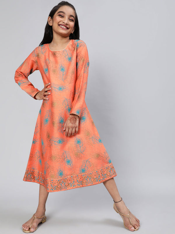 Girl's Peach Printed A-Line Dress - Aks Girls