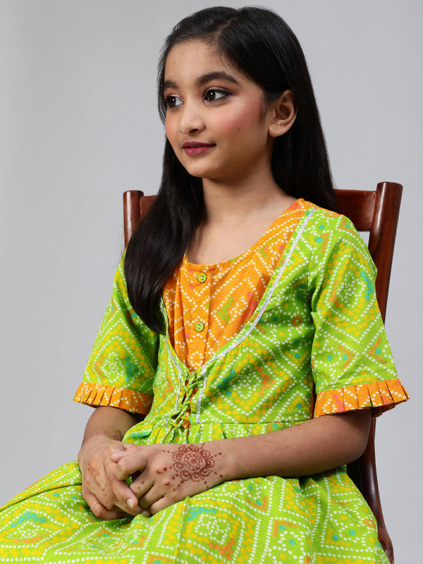 Girl's Green Bandhani Print Double Layered Maxi Dress - Aks Girls