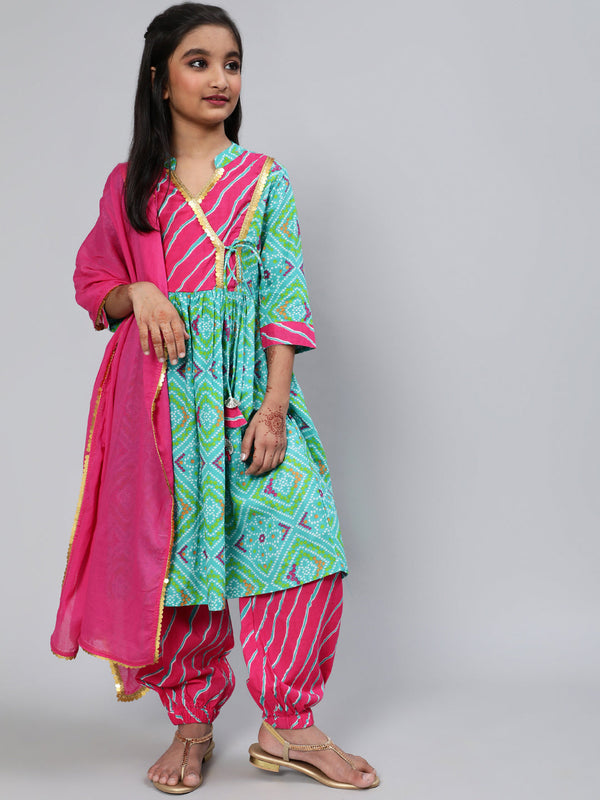 Girl's Blue Bandhani Print Kurta Palazzo With Dupatta - Aks Girls