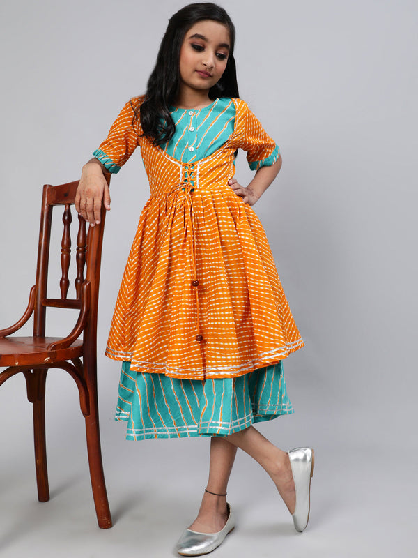 Girl's Mustard & Blue Leheriya Print Layered Dress - Aks Girls