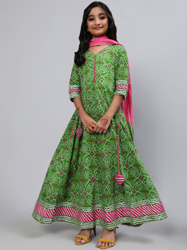 Girl's Green Bandhani Print Flared Dress With Dupatta - Aks Girls