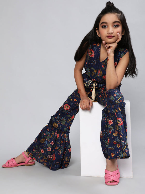 Girl's Navy Blue Floral Print Jumpsuit - Aks Girls