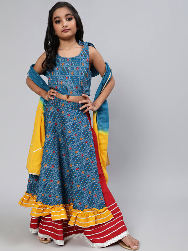 Girl's Blue Patola Print Lehenga Choli With Dupatta - Aks Girls