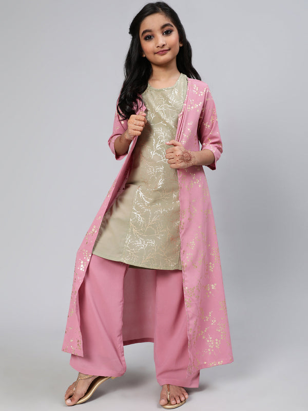 Girl's Mauve Foil Printed Kurta Jacket With Palazzo - Aks Girls