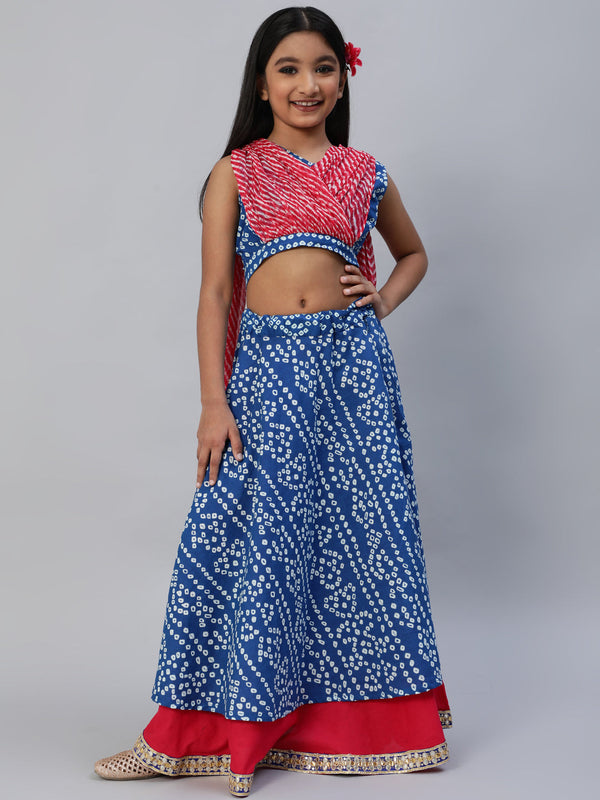 Girl's Blue Bandhani Print Lehenga Choli With Dupatta - Aks Girls