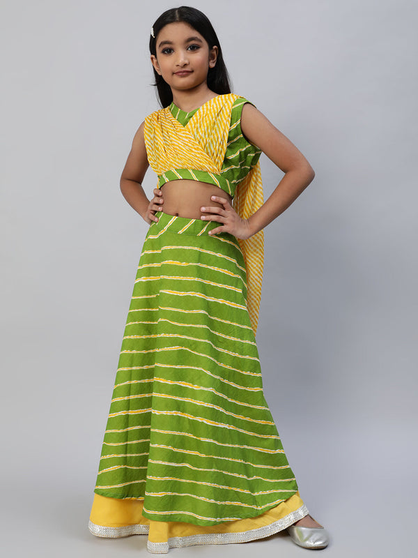 Girl's Green Leheriya Print Lehenga Choli With Dupatta - Aks Girls