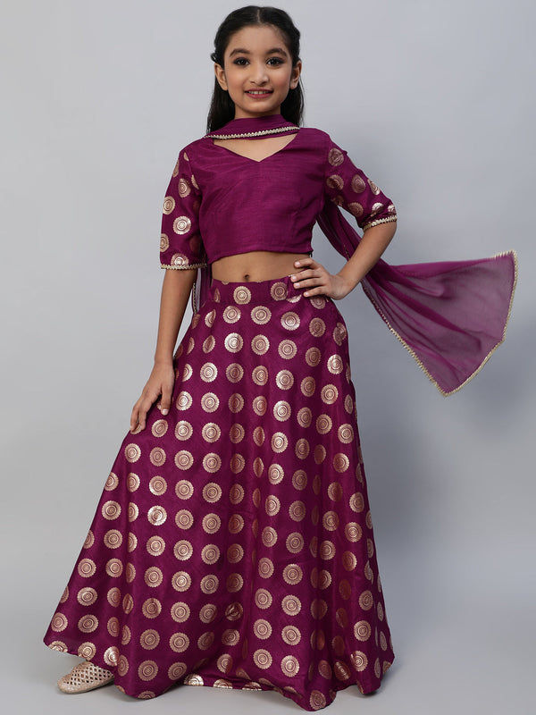 Girl's Purple Foil Printed Lehenga Choli With Dupatta - Aks Girls