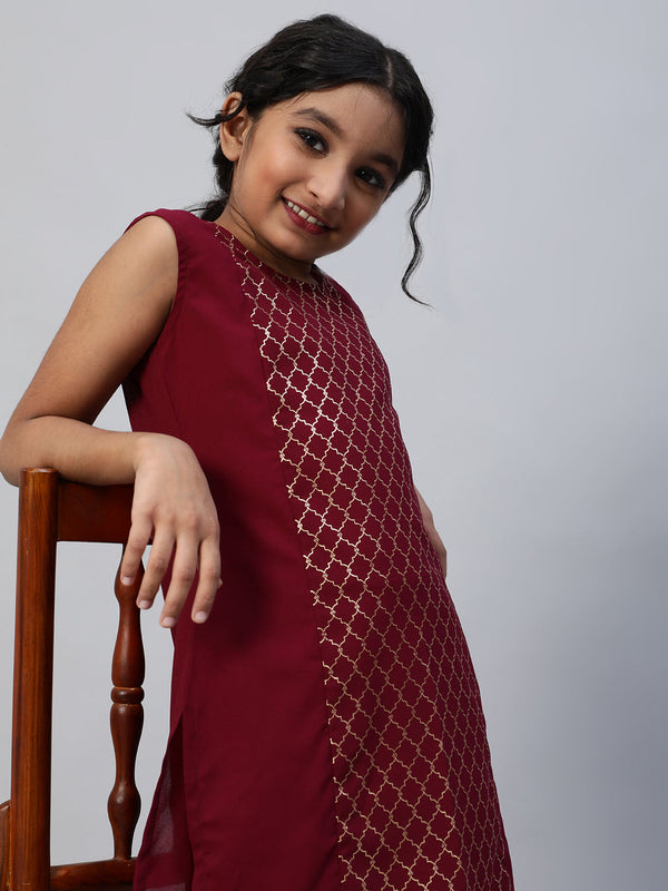 Girl's Maroon Foil Printed Kurta With Palazzo - Aks Girls