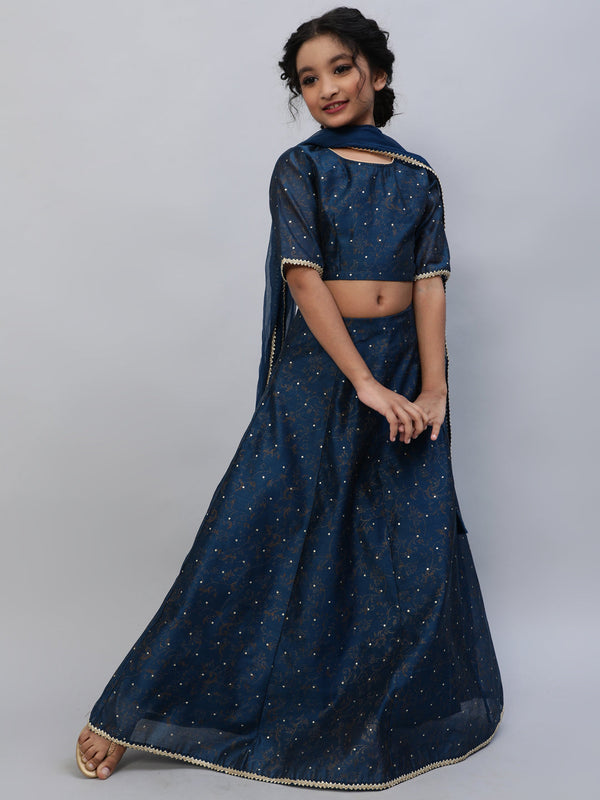 Girl's Blue Printed Lehenga Choli With Dupatta - Aks Girls