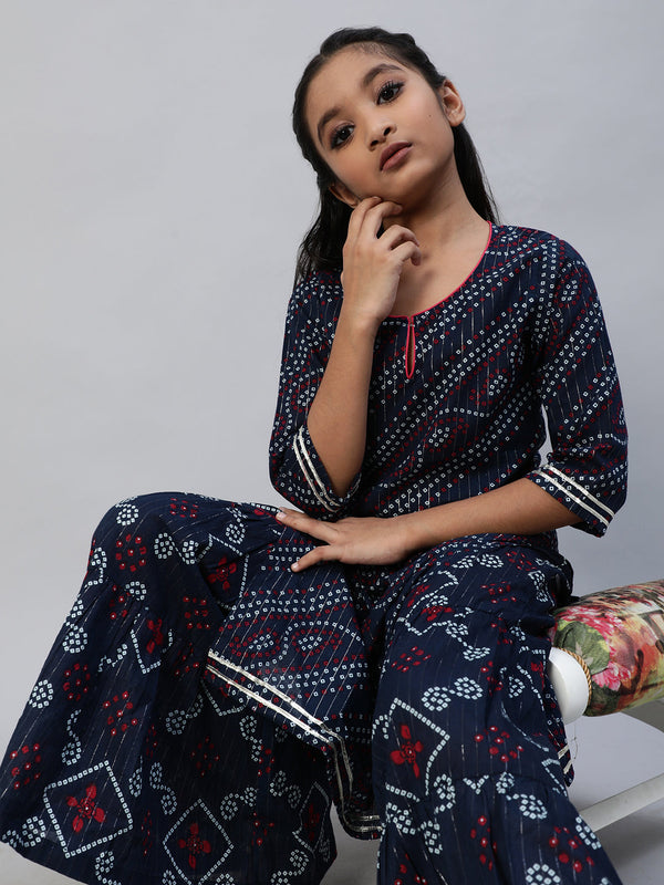 Girl's Navy Blue Bandhani Print Kurta With Palazzo - Aks Girls