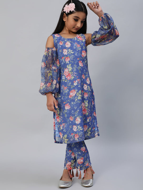 Girl's Blue Floral Print Kurta With Pant - Aks Girls