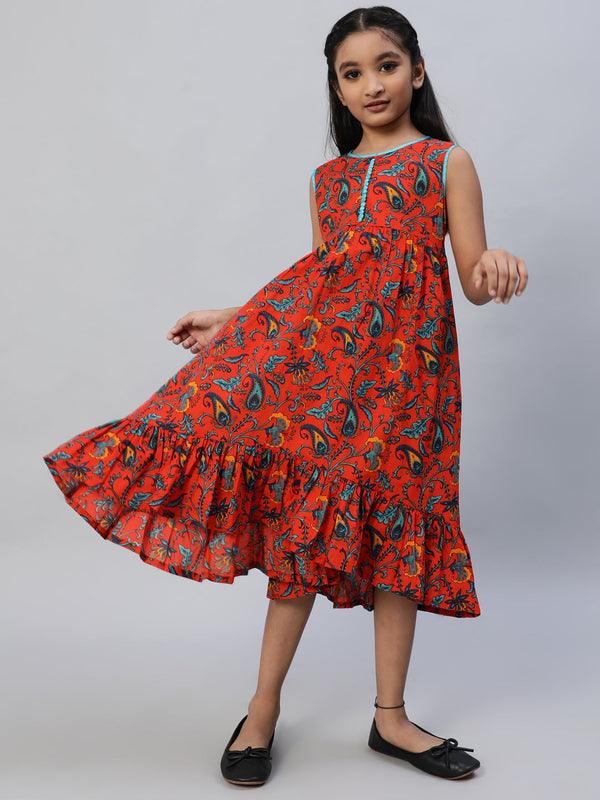 Girl's Red Floral Print A-Line Dress - Aks Girls