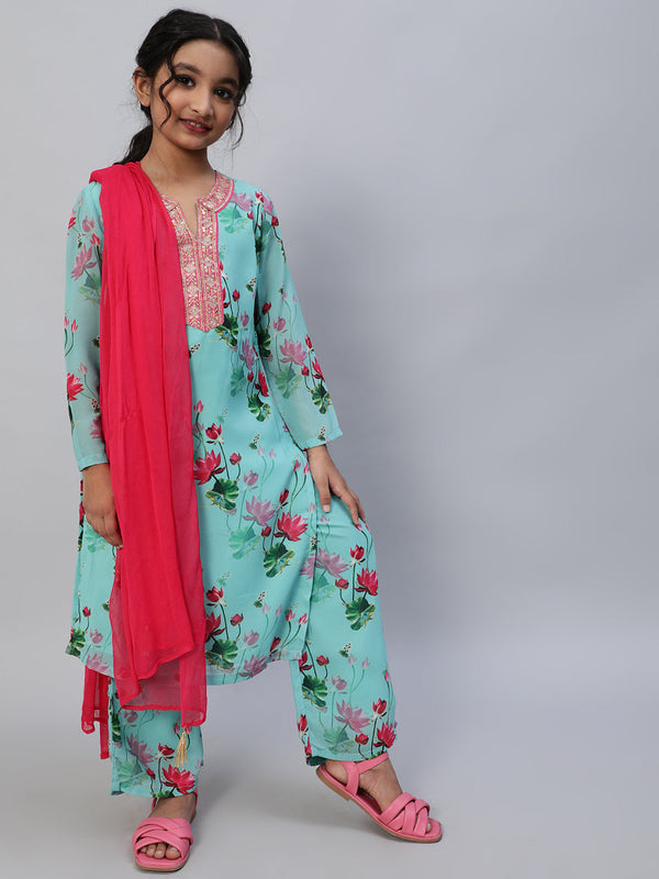 Girl's Blue Floral Print Kurta Palazzo With Dupatta - Aks Girls