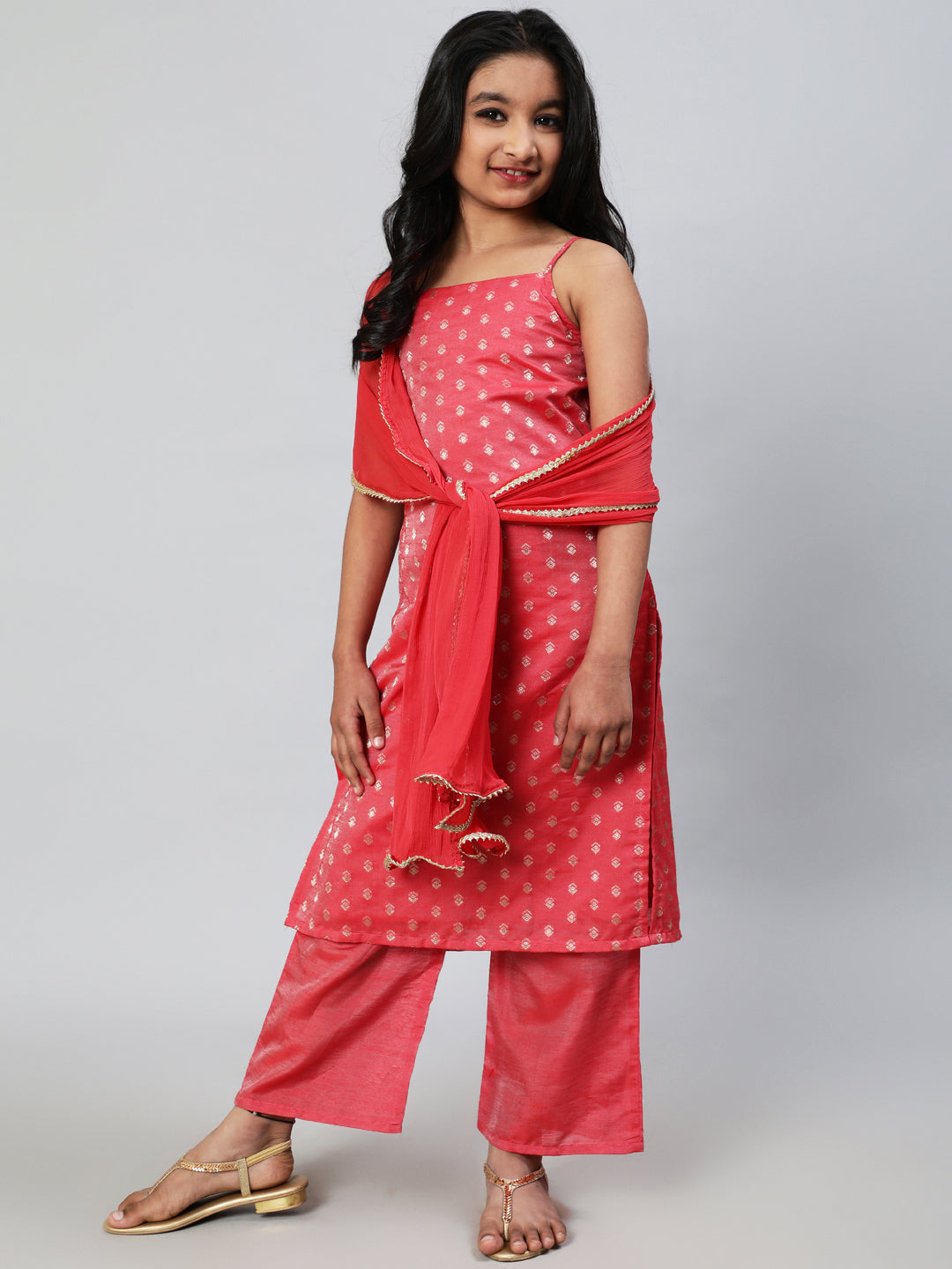 Cotton Kurta & Palazzo Set For Girls With Dupatta