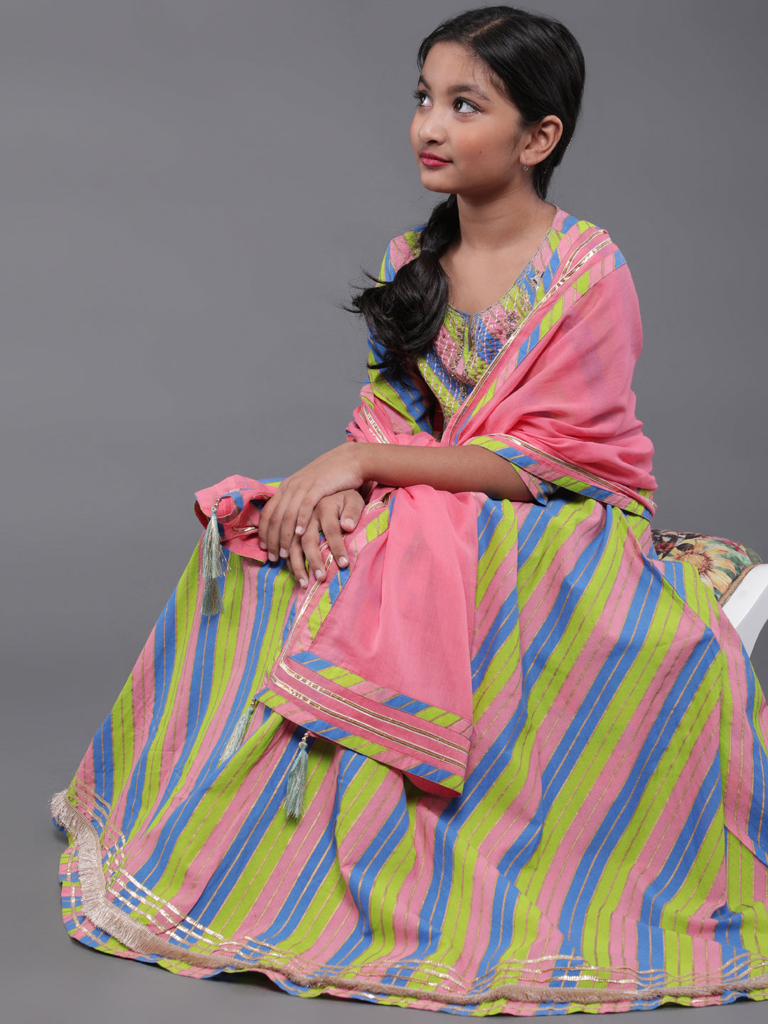 Girl's Pink & Green Leheriya Printed Maxi With Dupatta - Aks Girls