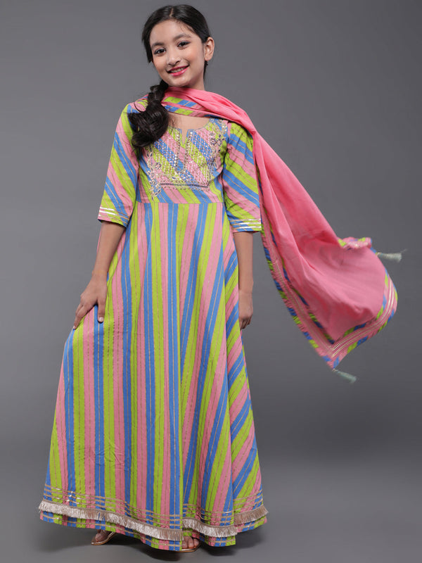 Girl's Pink & Green Leheriya Printed Maxi With Dupatta - Aks Girls