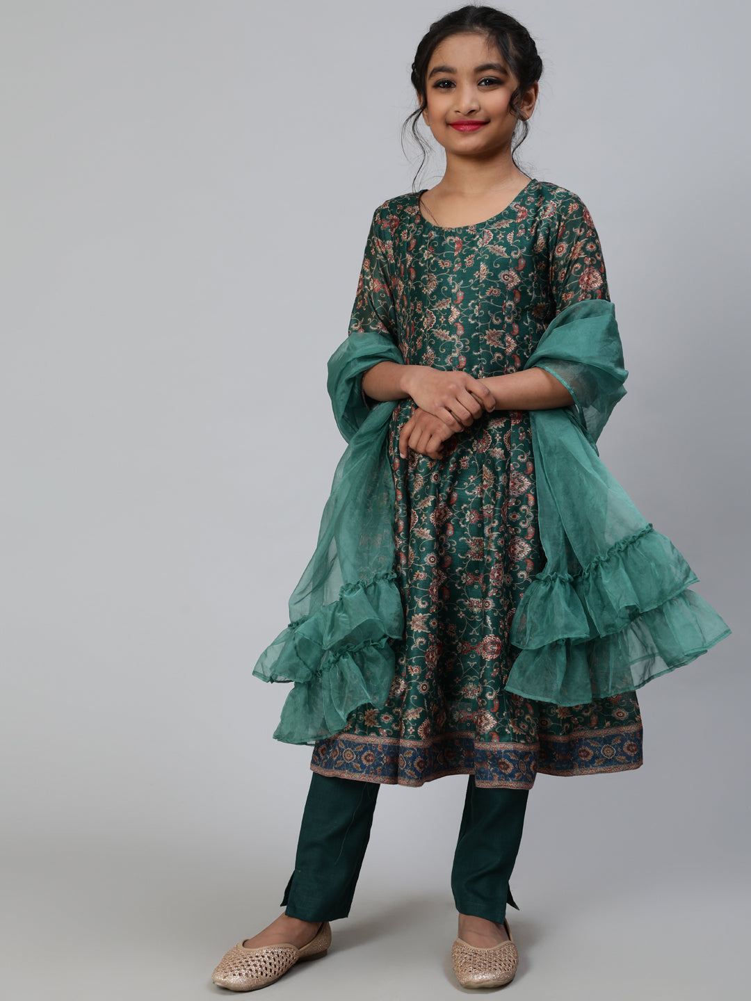 Chanderi Kurta & Pant Set For Girls With Dupatta