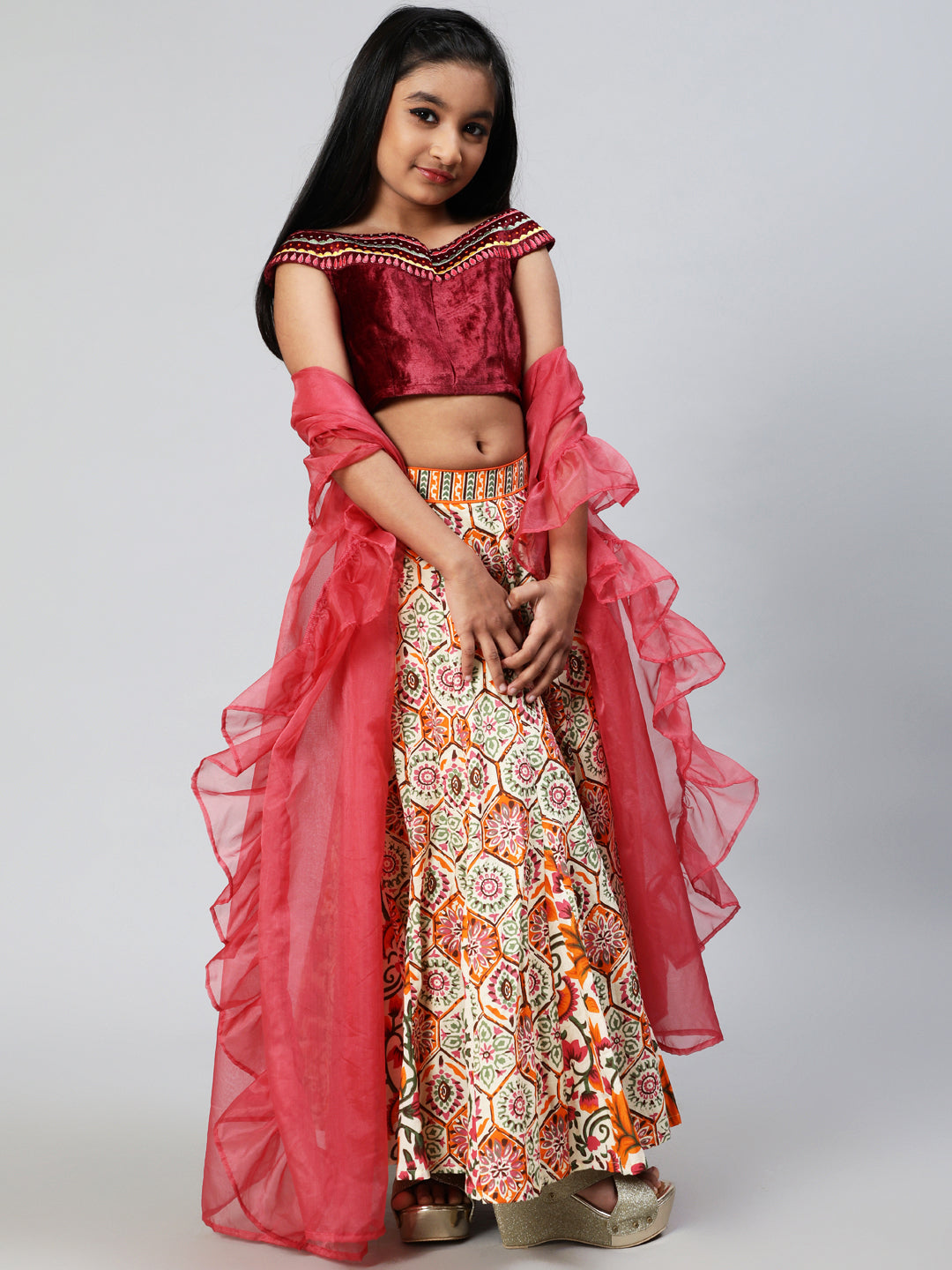 Velvet Lehenga & Blouse Set For Girls With Dupatta