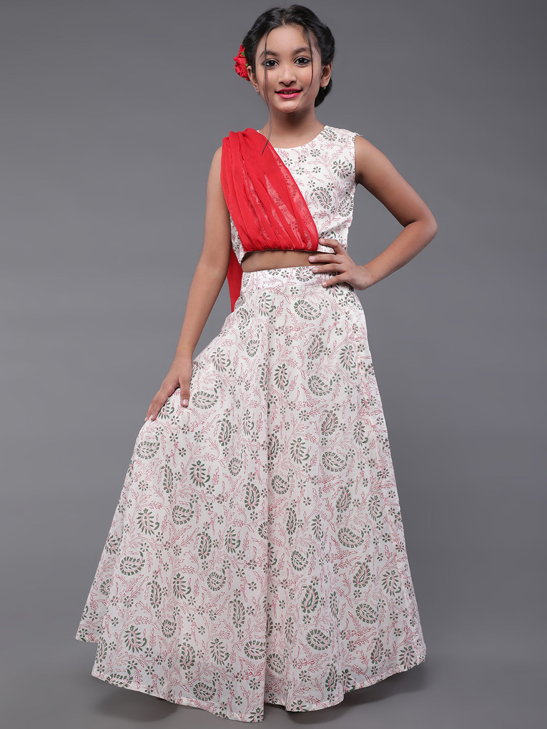 Girl's White & Red Hand Block Printed Lehenga Choli With Attatched Dupatta Set - Aks Girls