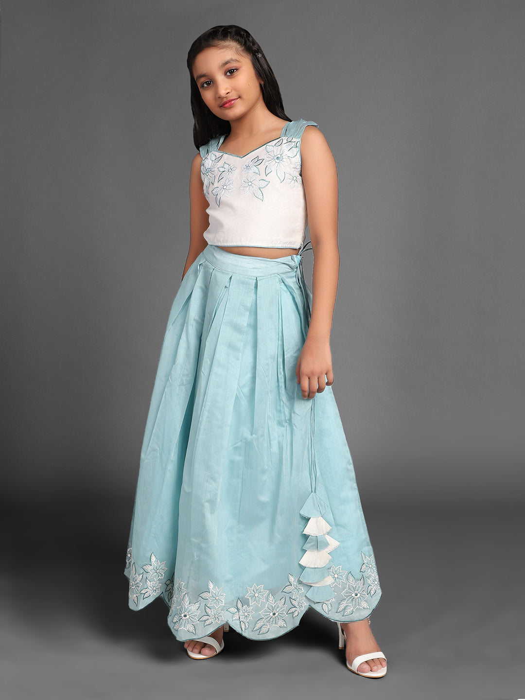 Girl's Powder Blue Cut Work Embroidered Lehenga Choli Set - Aks Girls