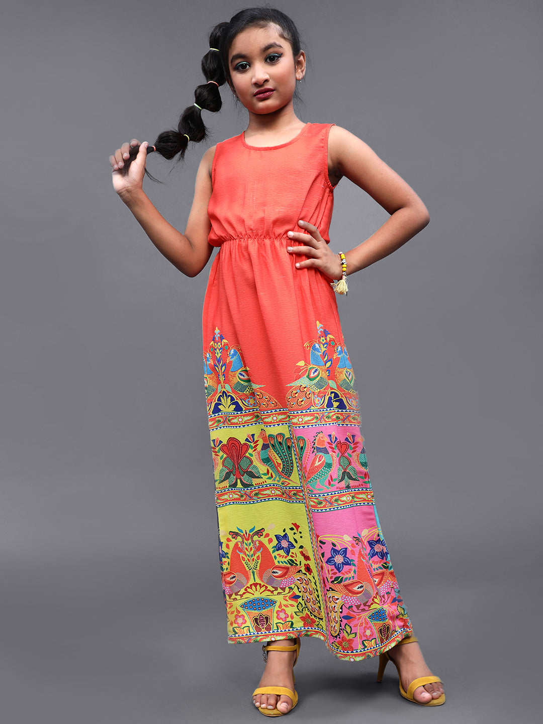 Girl's Orange & Pink Abstrac Printed Maxi Dress - Aks Girls