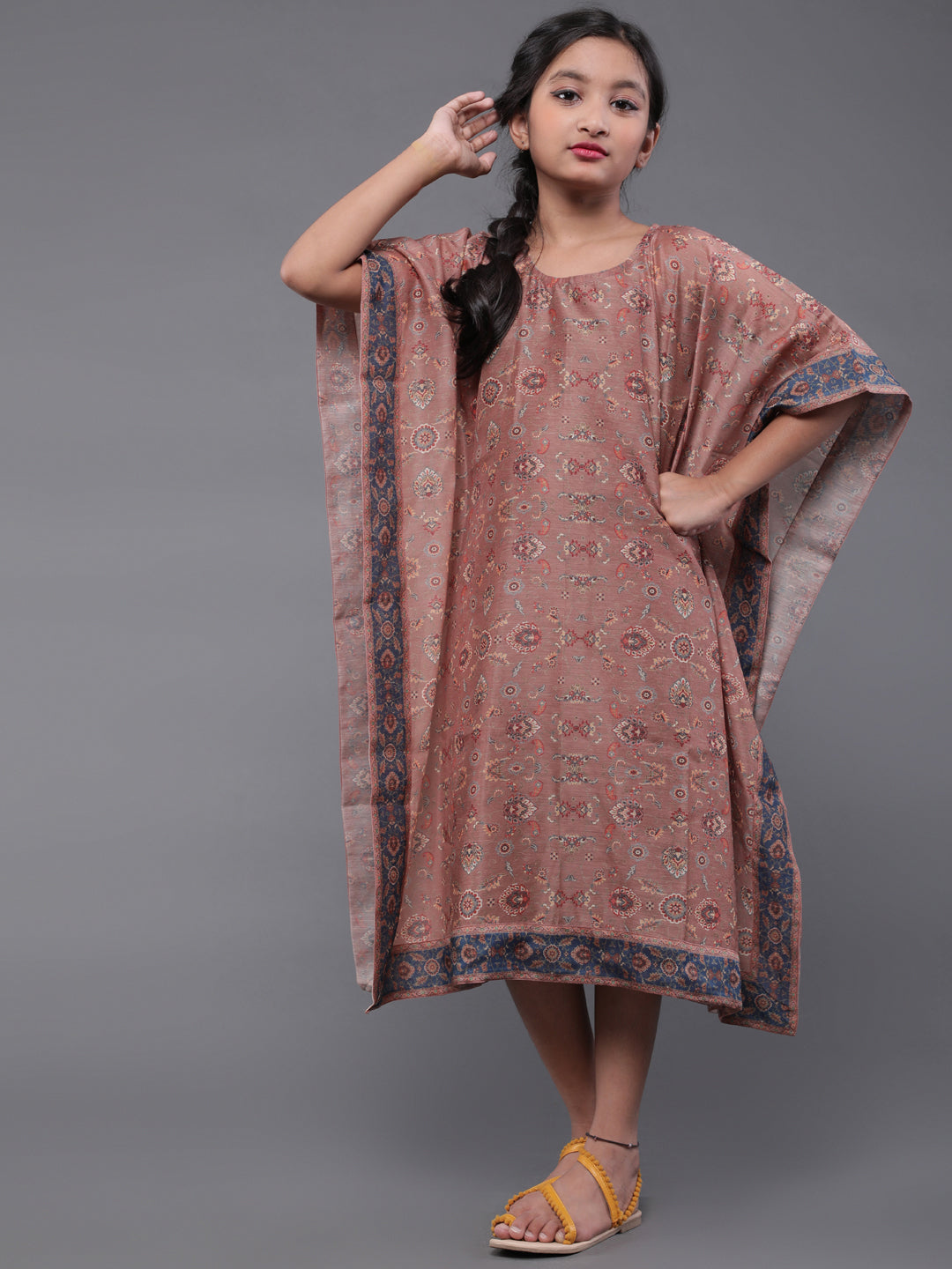 Girl's Brown & Blue Chanderi Printed Kaftan Dress - Aks Girls