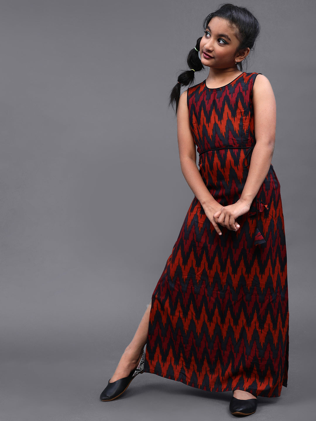 Girl's Black & Red Ikat Printed Maxi Dress - Aks Girls