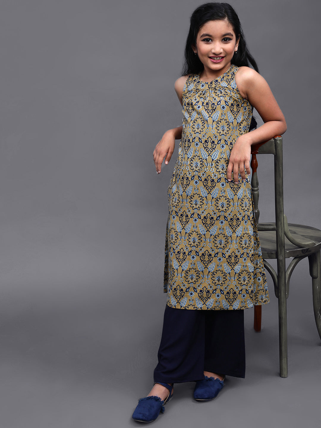 Girl's Beige & Navy Blue Printed Kurta With Palazzo Set - Aks Girls