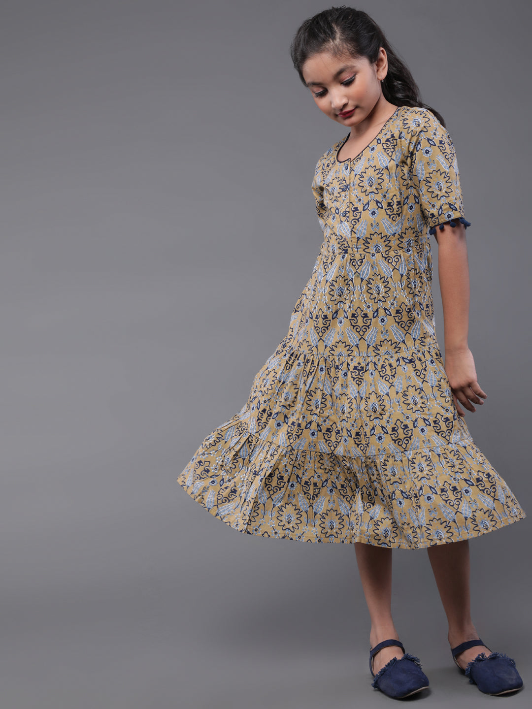 Girl's Beige & Navy Blue Printed Tiered Dress - Aks Girls