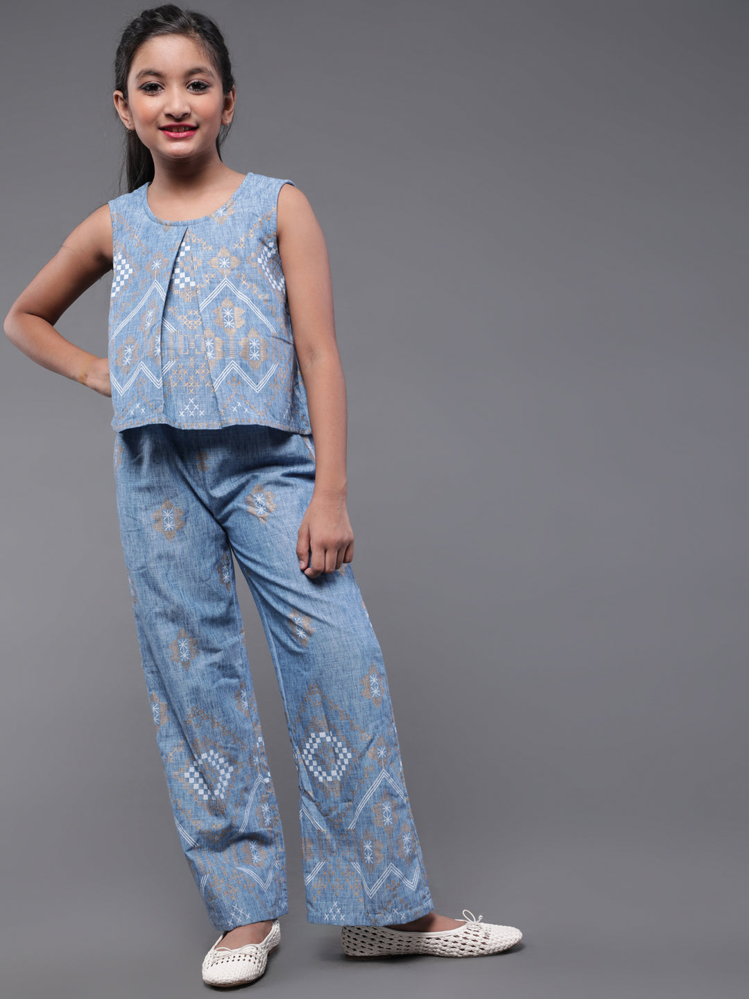 Girl's Blue Gold Printed Jumpsuit - Aks Girls