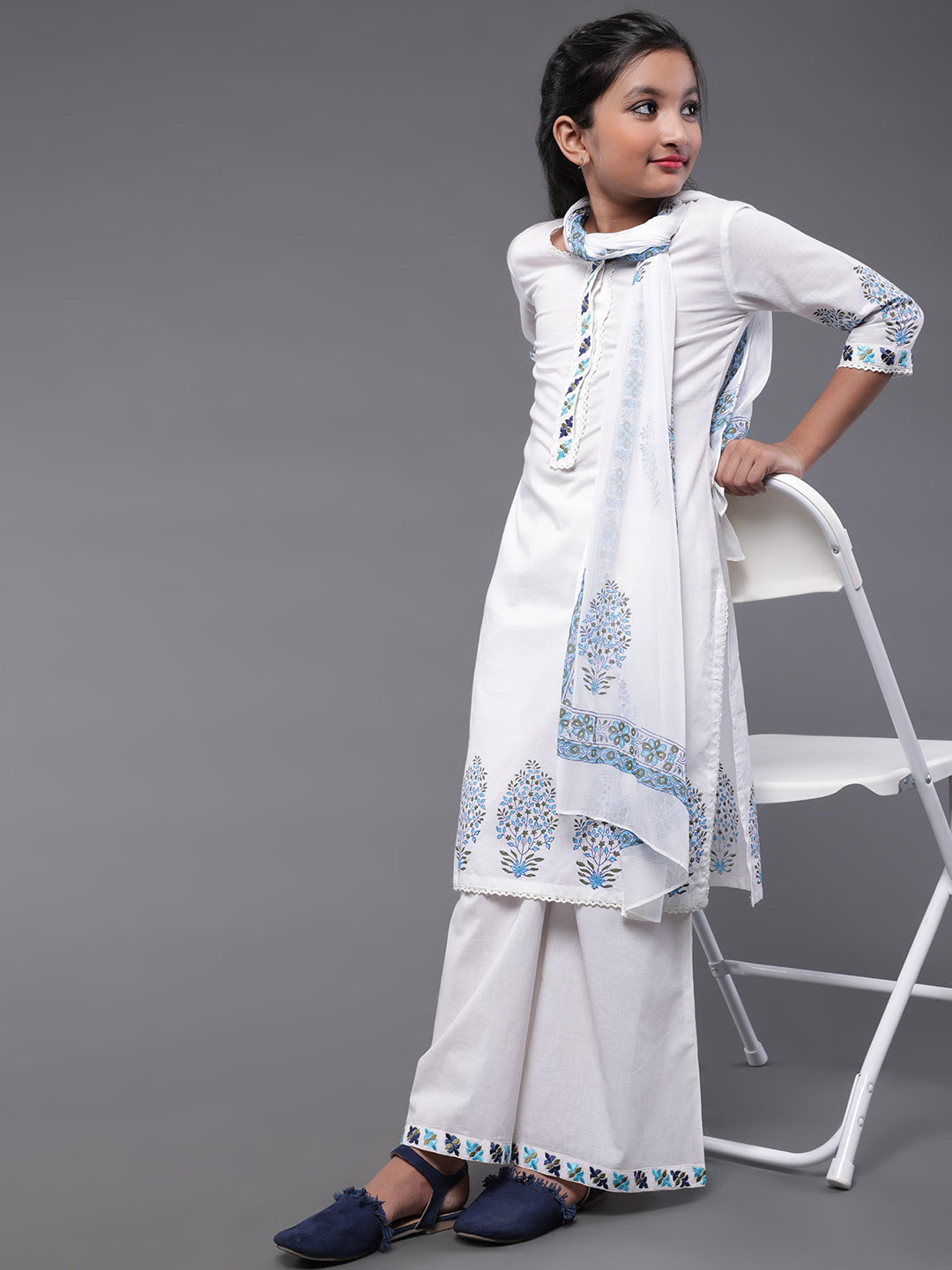 Girl's White & Blue Block Printed Straight Kurta & Palazzo With Dupatta Set - Aks Girls