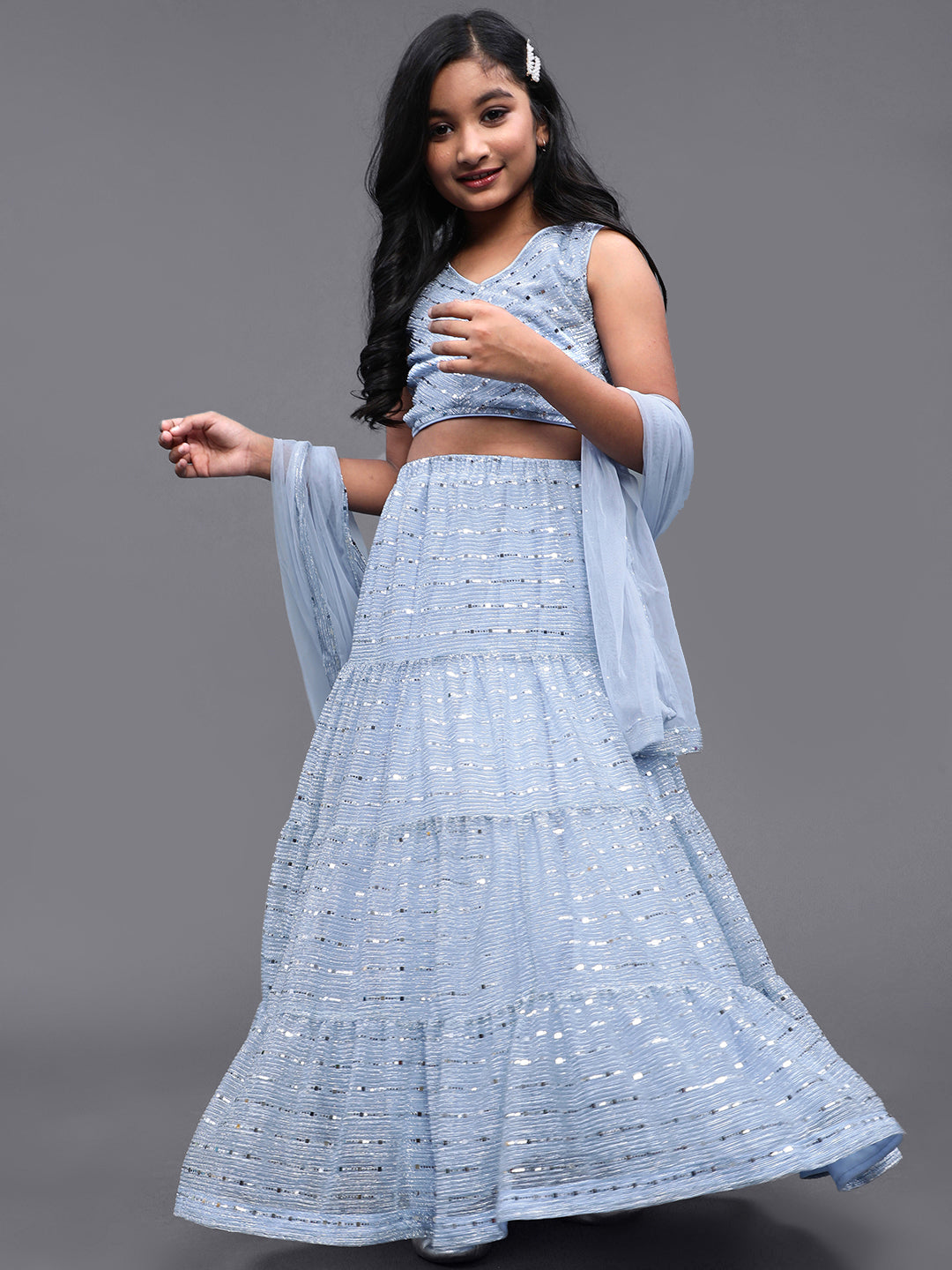 Girl's Pastle Blue Embellished Lehenga Choli With Dupatta Set - Aks Girls