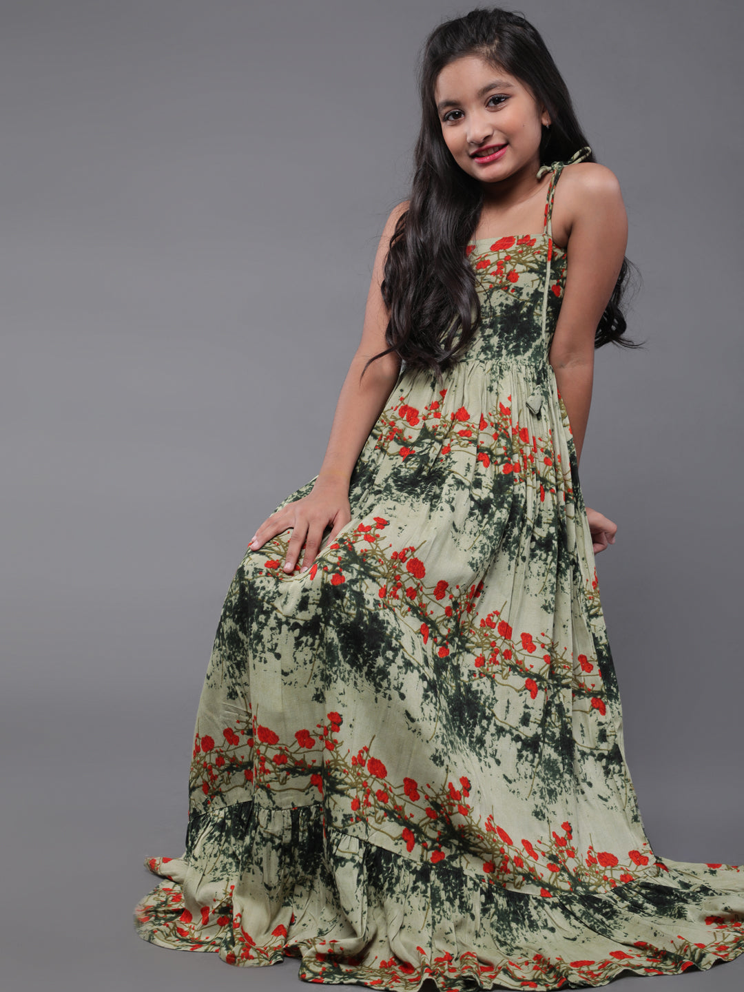 Girl's Green & Red Floral Printed Flared Dress - Aks Girls