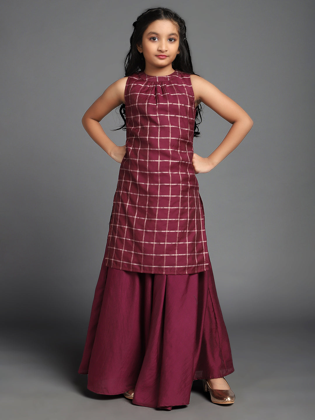 Girl's Burgundy Checked Woven Design Straight Kurta With Skirt Set - Aks Girls