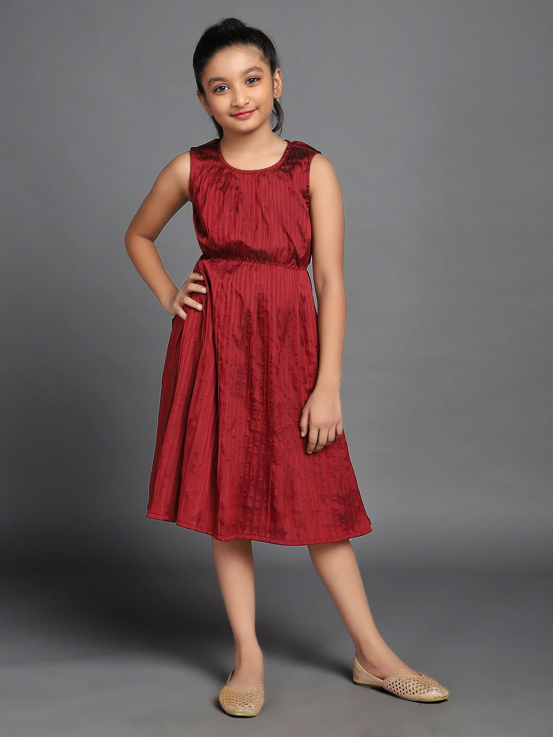 Girl's Maroon Solid Pleated Design Dress - Aks Girls