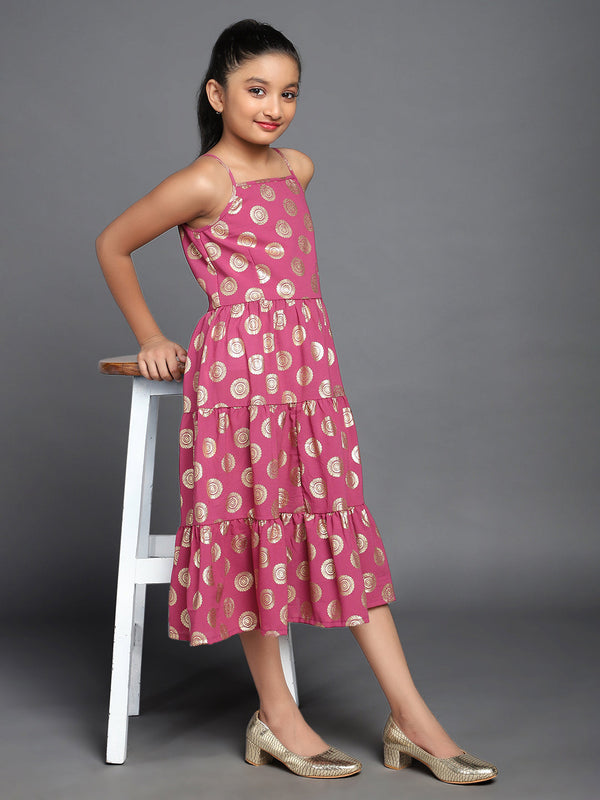 Girl's Pink Gold Foil Printed Tiered Dress - Aks Girls