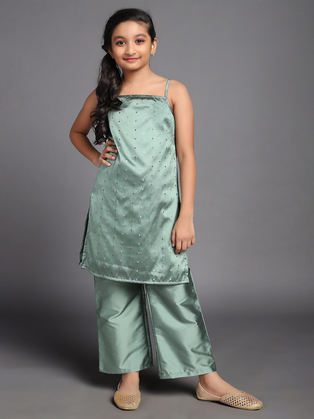 Girl's Green Dobby Woven Design Kurta With Palazzo Set - Aks Girls