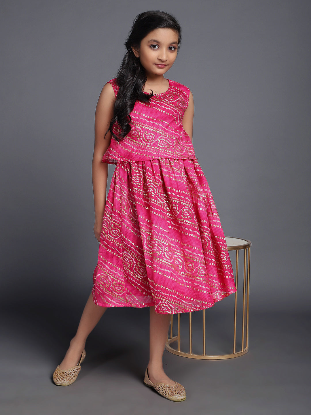 Girl's Pink Gold Bandhani Printed Layered Dress - Aks Girls