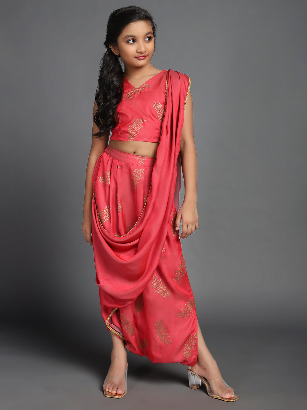 Girl's Red Gold Foil Printed Dhoti Saree With Blouse - Aks Girls