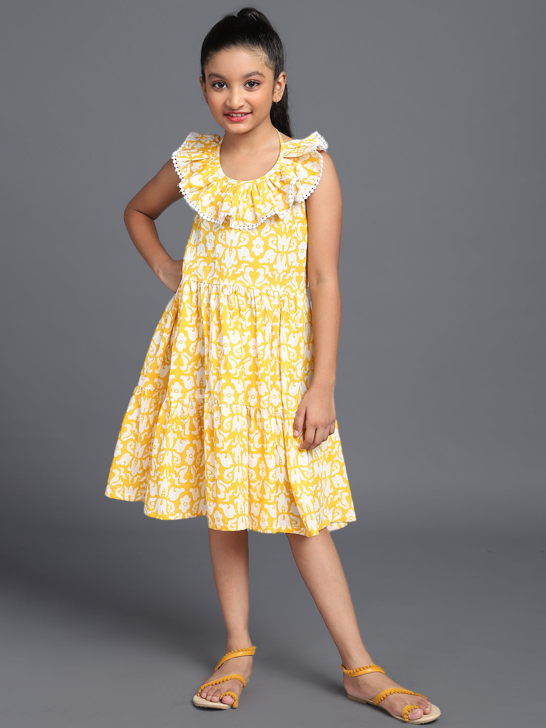 Girl's Yellow & White Floral Printed Tiered Dress - Aks Girls