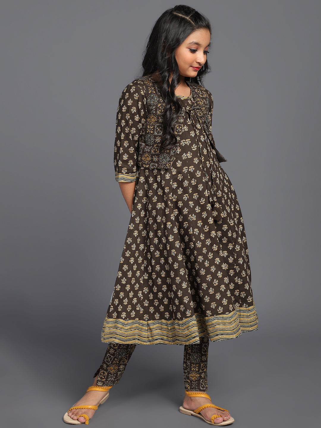 Girl's Dark Olive Printed Anarkali & Jacket With Pant Set - Aks Girls