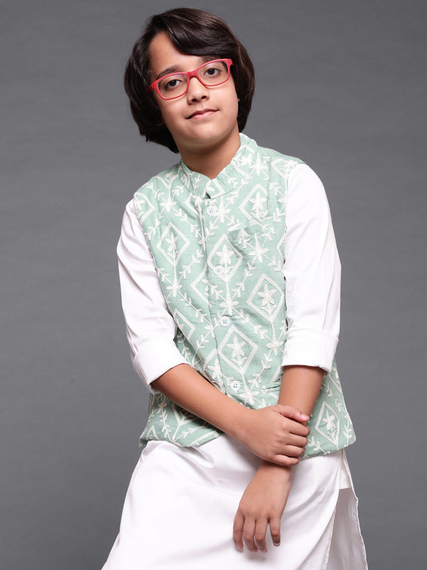 Boy's Green Embroidered Nehru Jacket - Aks Boys