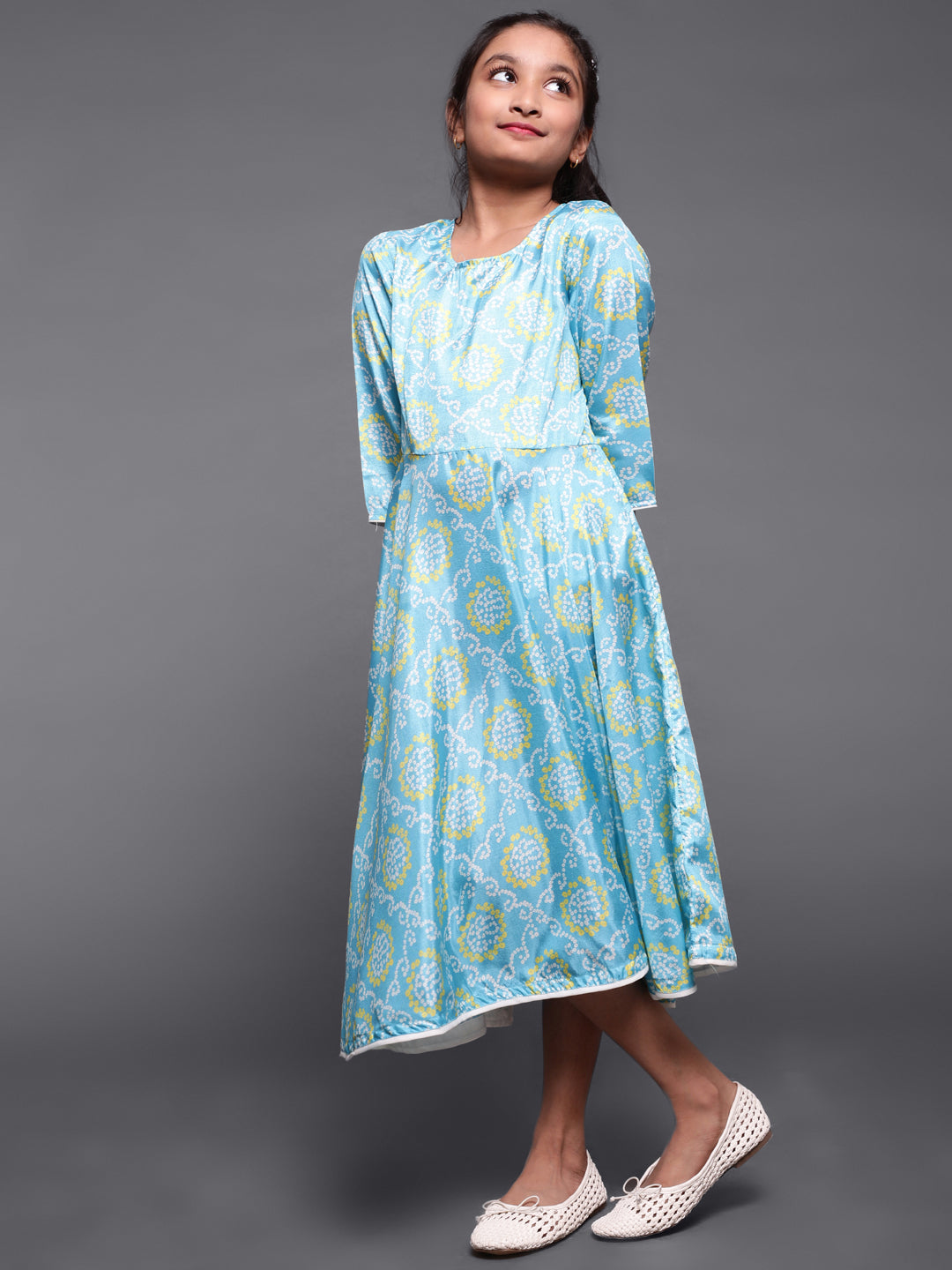 Girl's Turquoise Blue Bandhani Printed Flared Dress - Aks Girls