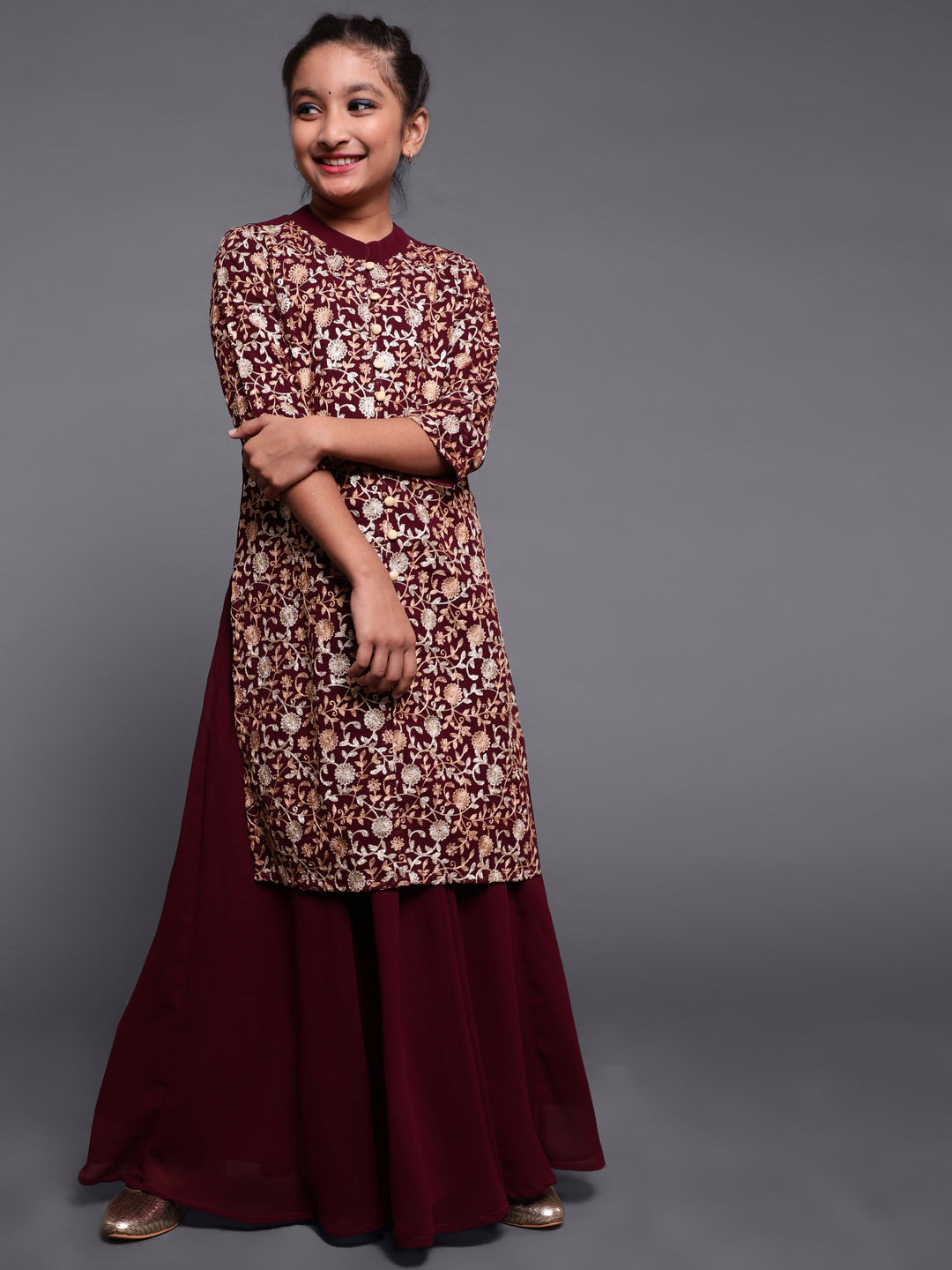 Girl's Burgundy Embroidered Kurta With Solid Flared Skirt - Aks Girls