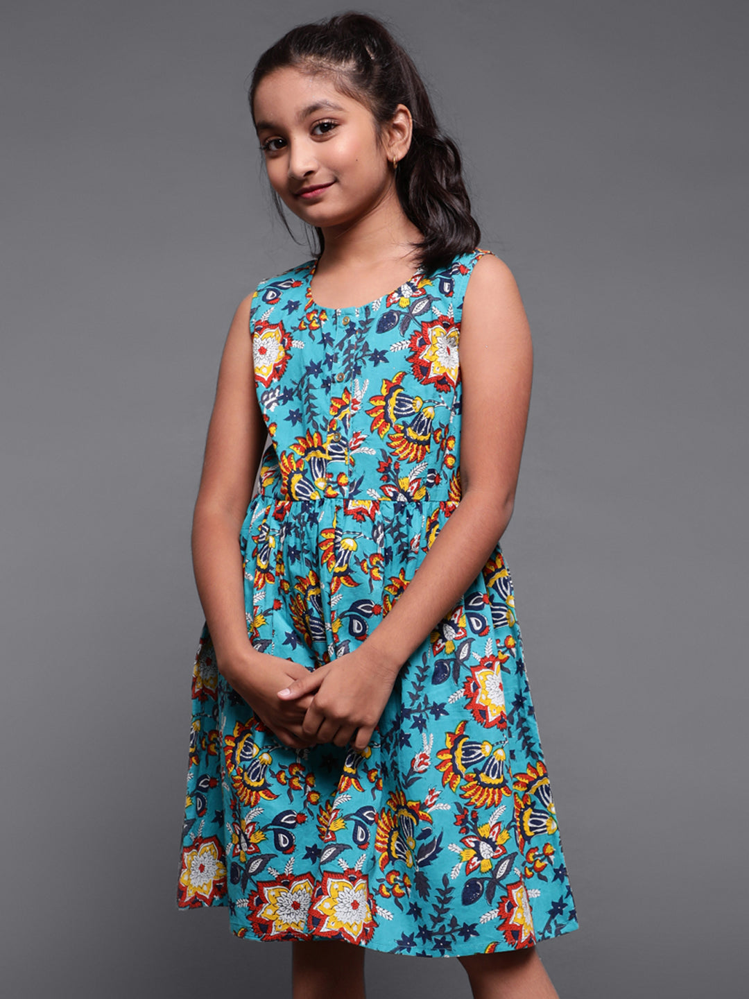 Girl's Green & Yellow Floral Printed Short Dress - Aks Girls