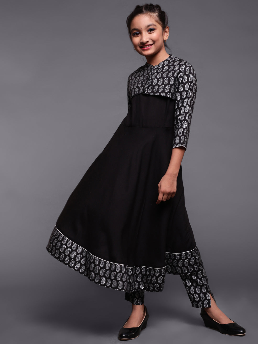 Girl's Black Silver Printed Anarkali & Pant With Koti Set - Aks Girls